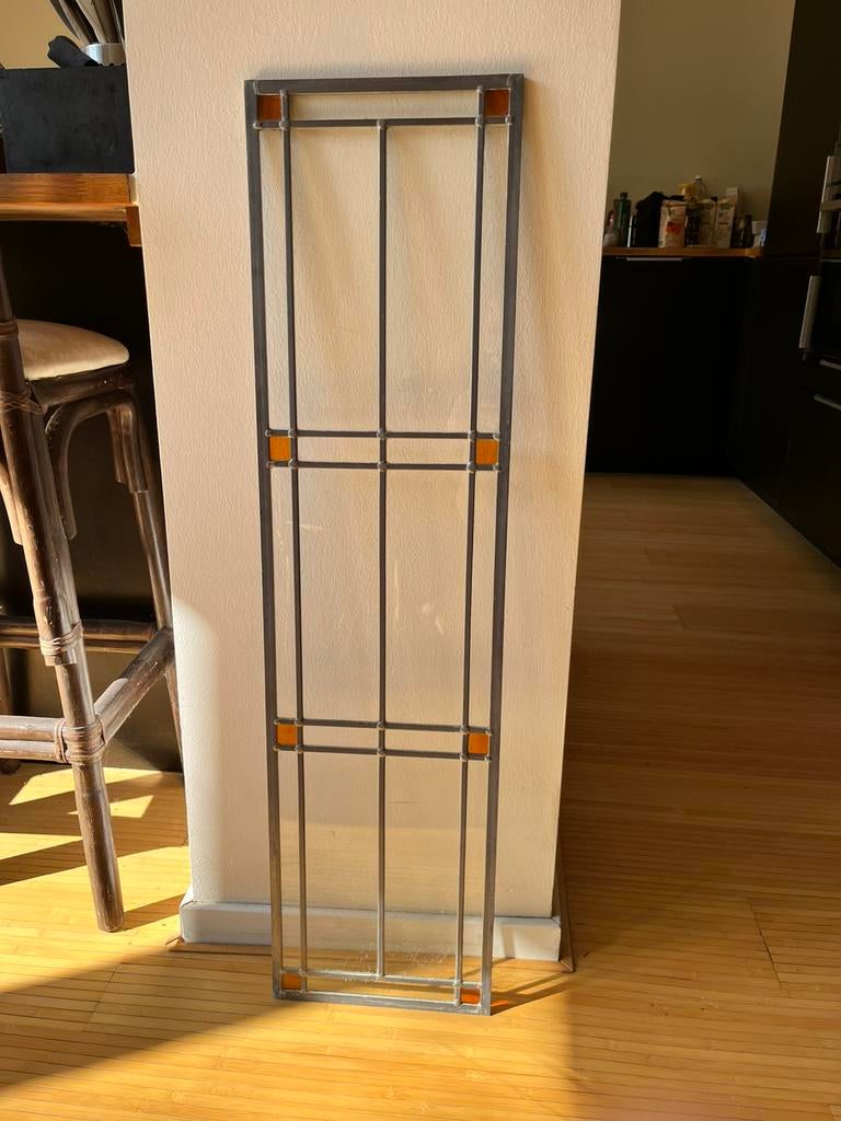 Glas-in-lood raam met oranje vierkantjes, Doe-het-zelf en Verbouw, Glas en Ramen, Ophalen, Gevelraam of Ruit, 80 tot 120 cm, Zo goed als nieuw