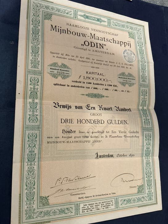 Oud aandeel Mijn-Maatschappij "ODIN" Amsterdam 1890, Postzegels en Munten, Aandelen en Waardepapieren, Verzenden, Voor 1920, Aandeel