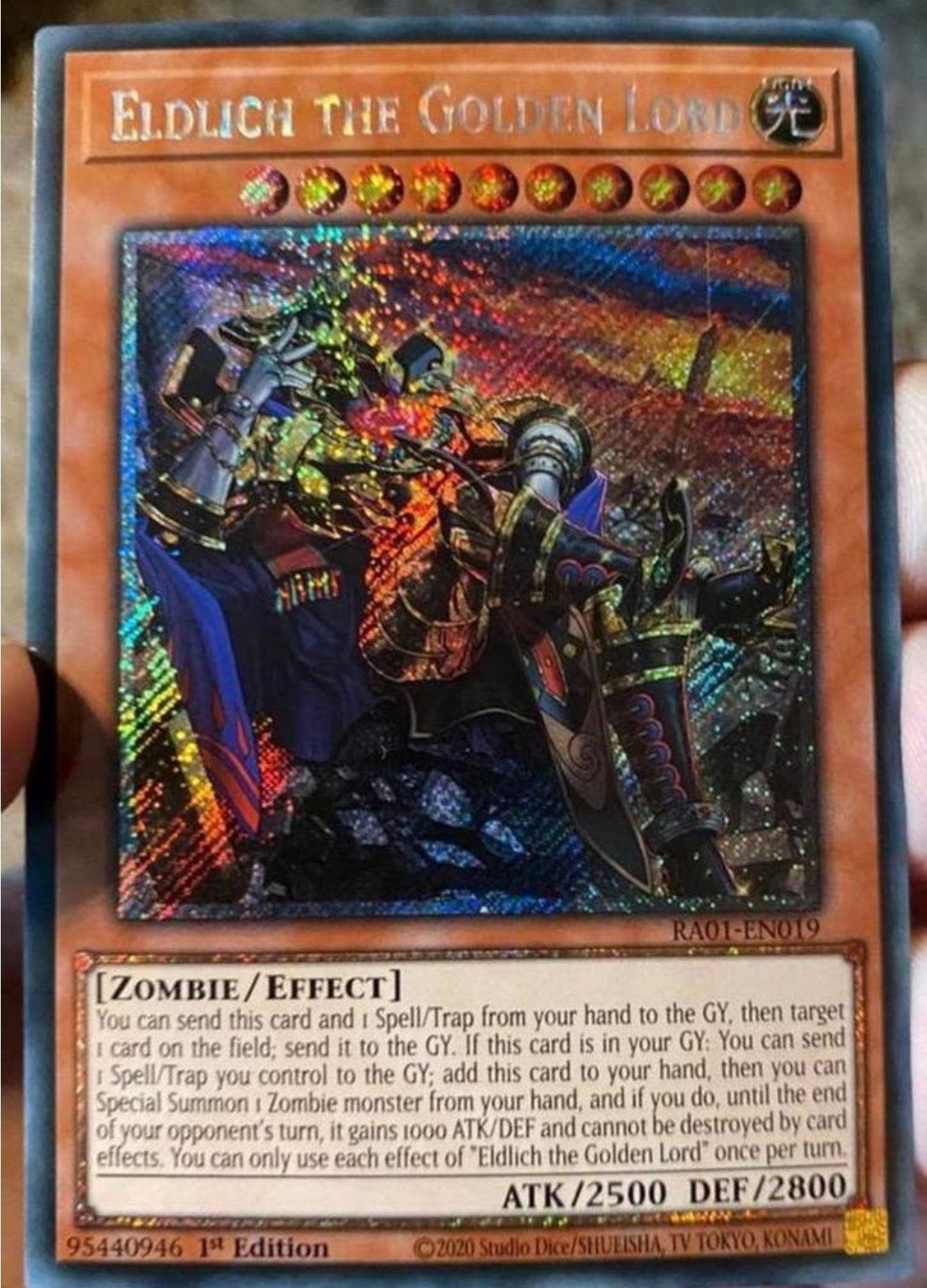 Yu-Gi-Oh! Eldlich the Golden Lord RA01 1st Edition !, Ophalen of Verzenden, Zo goed als nieuw, Losse kaart, Foil