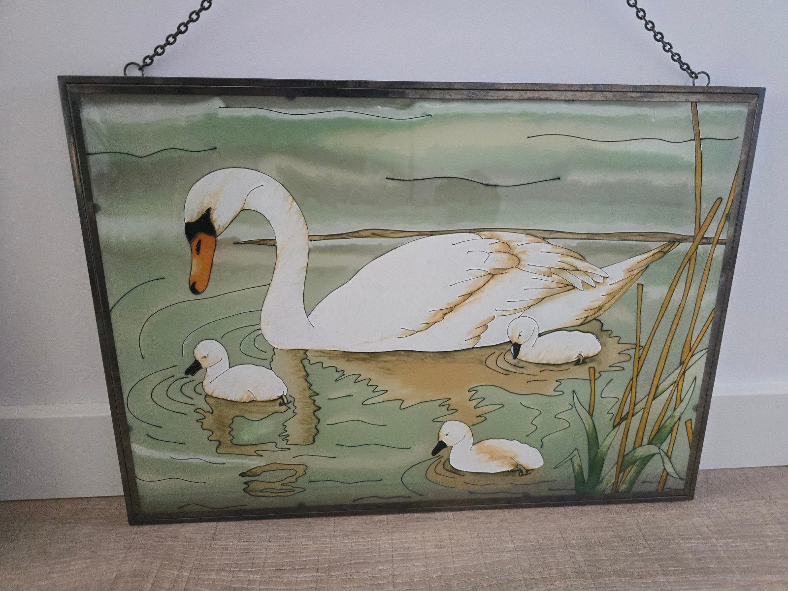 Vintage antieke Tiffany glas in lood raamhanger met zwanen, Ophalen of Verzenden