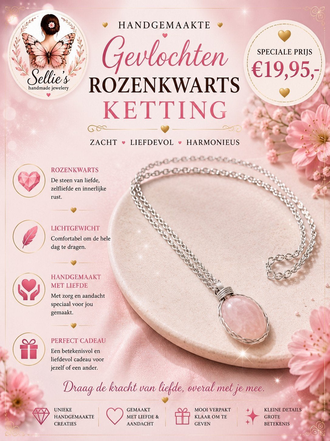 🦋 Sellie's handmade jewelery 🦋, Sieraden, Tassen en Uiterlijk, Kettingen, Nieuw, Ophalen of Verzenden, Steen of Mineraal, Roze