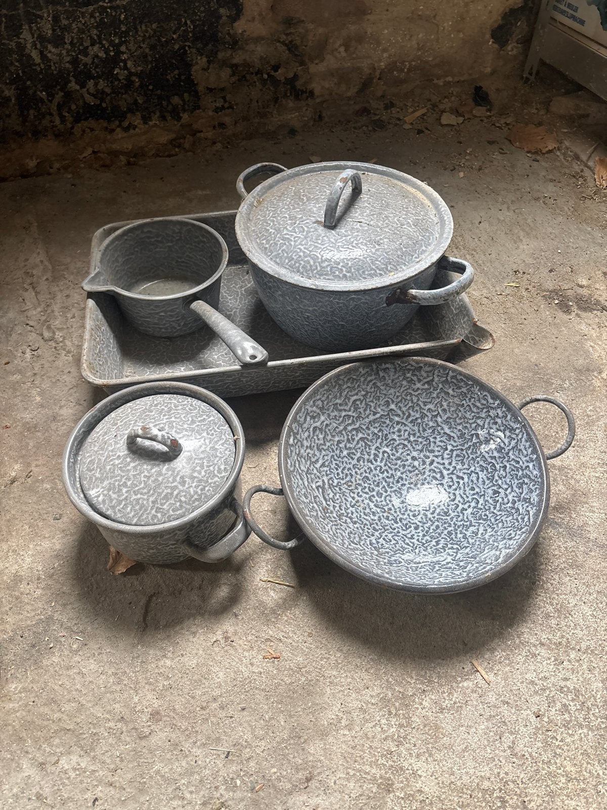 Vintage geëmailleerde pannen set - grijs gespikkeld, Ophalen of Verzenden