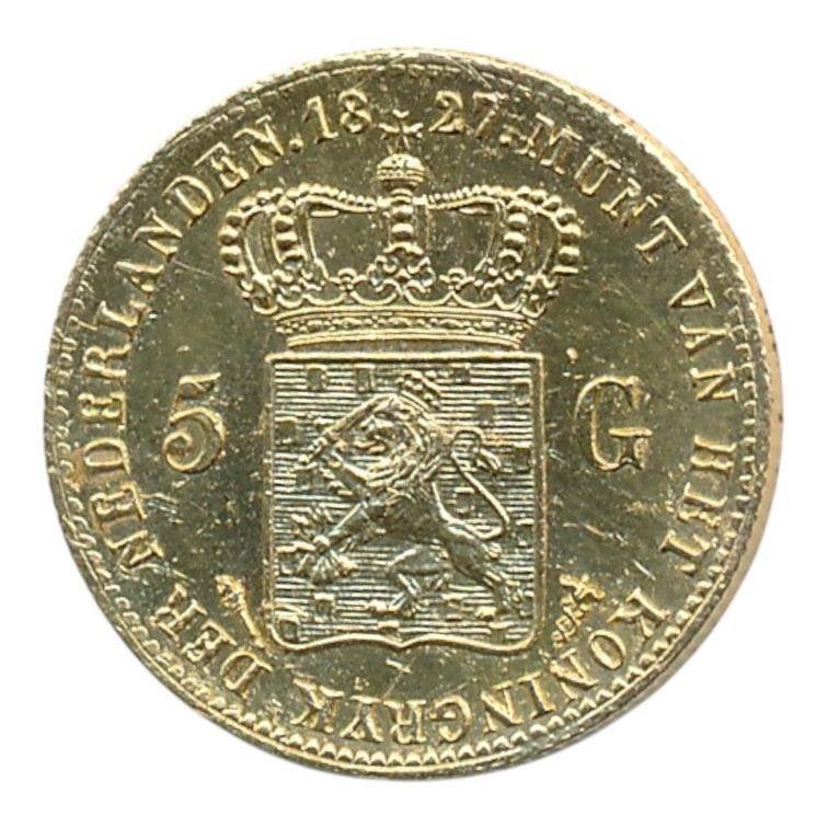 Nederland gouden 5 Gulden 1827, Ophalen of Verzenden, Goud