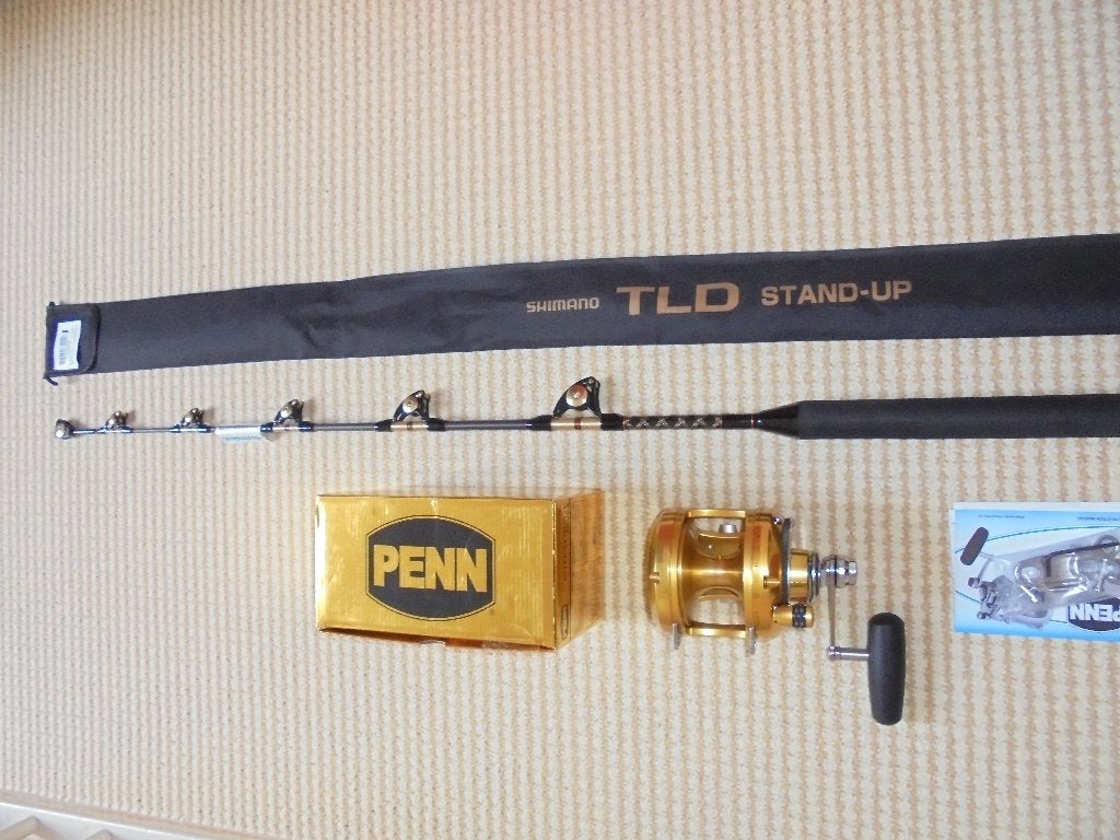 Big Game Set Penn Reel 50VSX 2speed, Shimano Hengel 50Lbs., Watersport en Boten, Hengelsport | Zeevissen, Ophalen, Nieuw, Molen