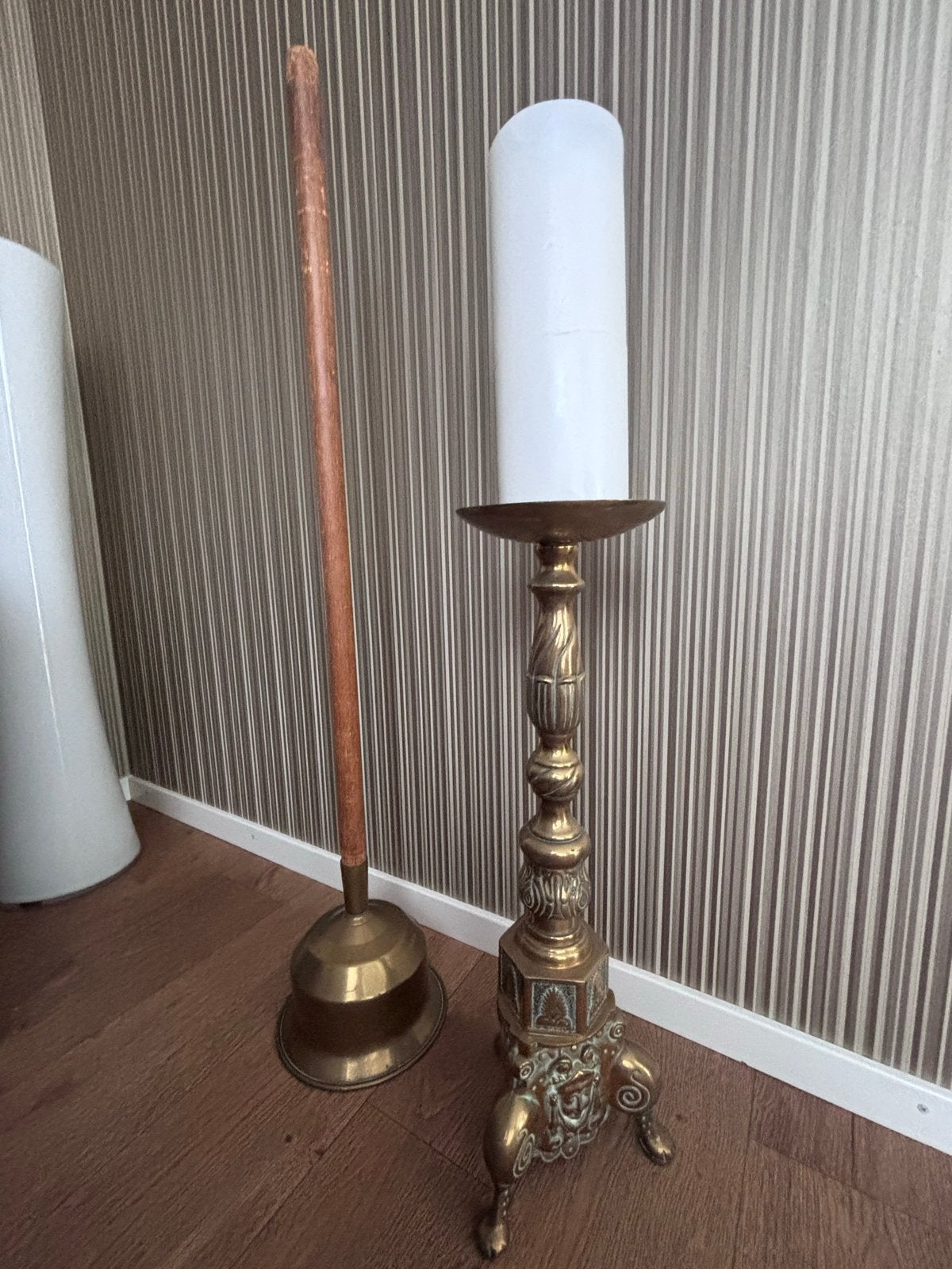 Grote Tinnen Kandelaar met Wasstok - 58 cm Hoog, Antiek en Kunst, Ophalen, Overige materialen