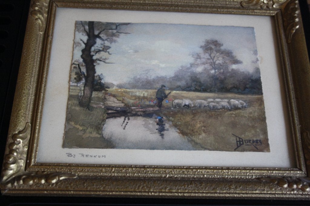 olieverf schilderij landschap Renkum door H. Bordes, Oud hollands, Overige ondergronden, Ophalen of Verzenden, Gesigneerd