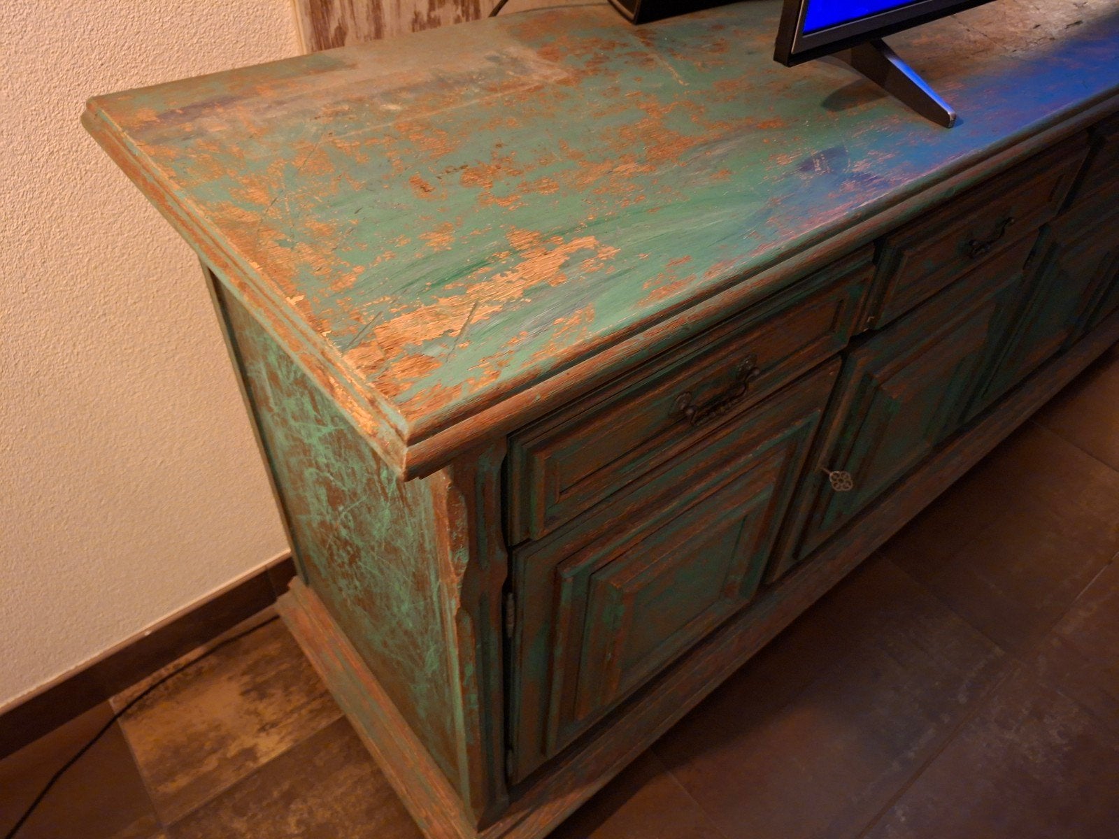 Uniek dressoir in vintage stijl - Groen/bruin, Huis en Inrichting, Ophalen, Gebruikt, Met lade(s), 150 tot 200 cm