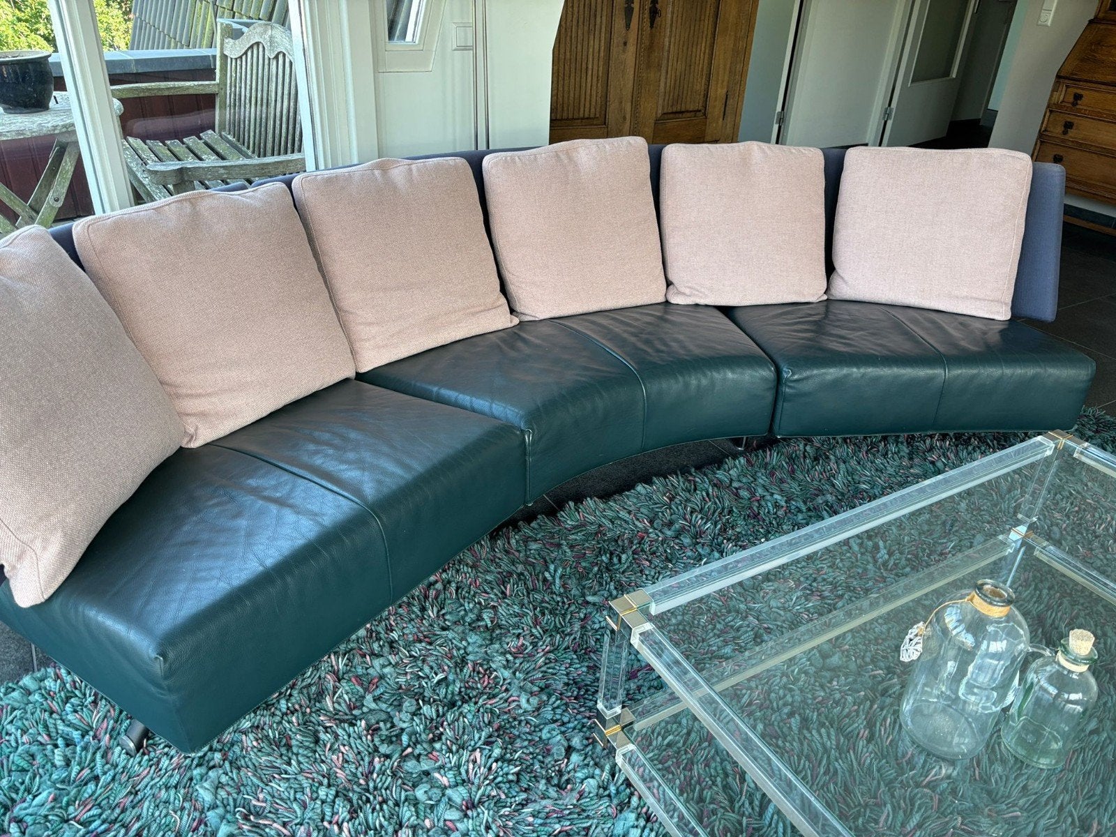 Montis Baku bank - Donkergroen leer zitting en stoffen rug, Gebruikt, 100 tot 125 cm, Leer, 300 cm of meer