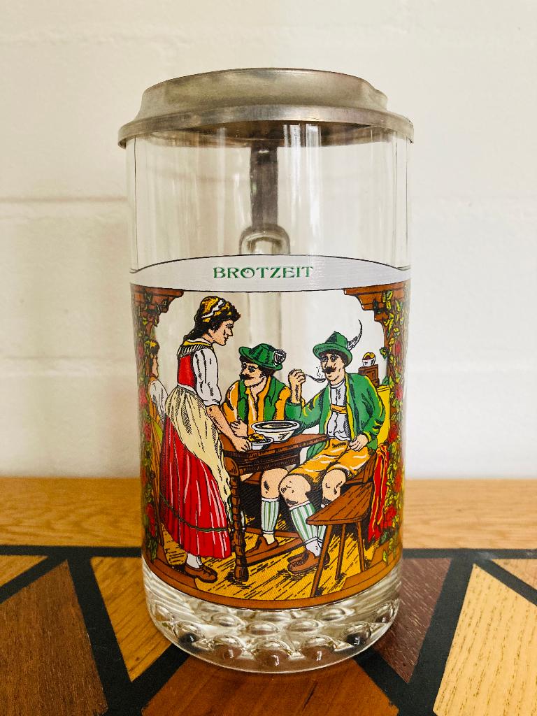 Vintage glazen bierpul met tinnen deksel – Duitse “Brotzeit”, Ophalen