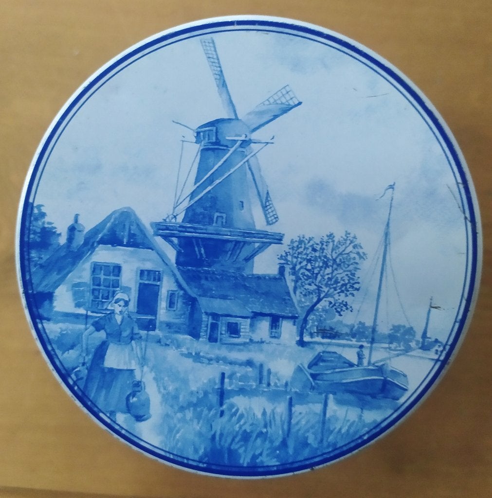 wit/blauw blikje met molenafbeeldingen, Verzamelen, Ophalen of Verzenden, Gebruikt, Overige, Overige merken