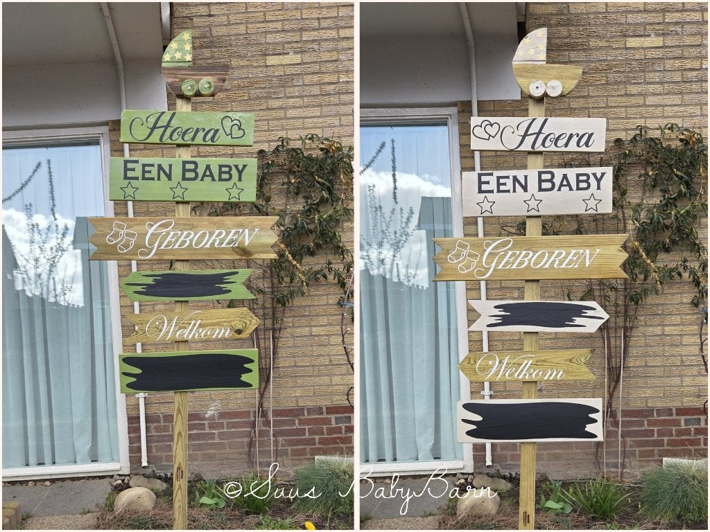 Geboortebord Wegwijzer met kinderwagen in 2 kleurcombi's., Ophalen of Verzenden, Nieuw, Geboortebord