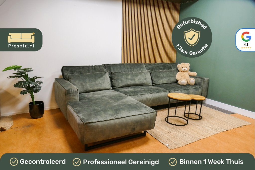 Chaise Longue Bank XL Velvet Groen [Refurbished], Huis en Inrichting, -, -, Hoekbank, Ophalen of Verzenden