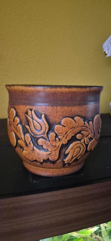 Vintage West-Germany Bloempot Bruin Reliëf 15x17cm, Ophalen of Verzenden