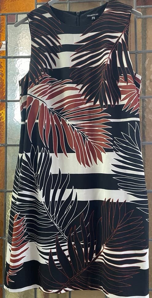 Warehouse Jurk met tropische print en zwarte voering, Meerkleurig, Ophalen of Verzenden, Zo goed als nieuw, Knielengte