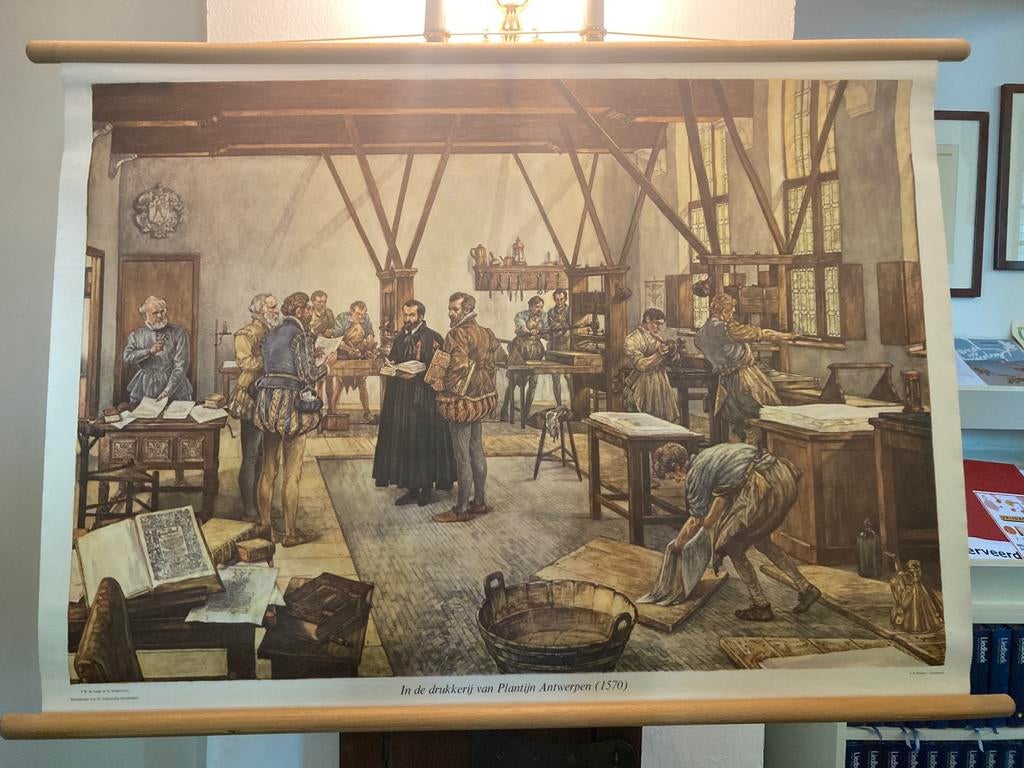 Schoolplaat. In de drukkerij van Plantijn Antwerpen, Ophalen, Geschiedenis