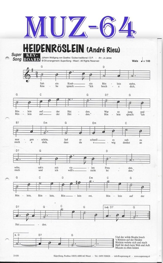 Muz64 Bladmuziek Super song Heidenroslein ( Andre Rieu ), Muziek en Instrumenten, Gebruikt, Ophalen of Verzenden, Keyboard, Artiest of Componist