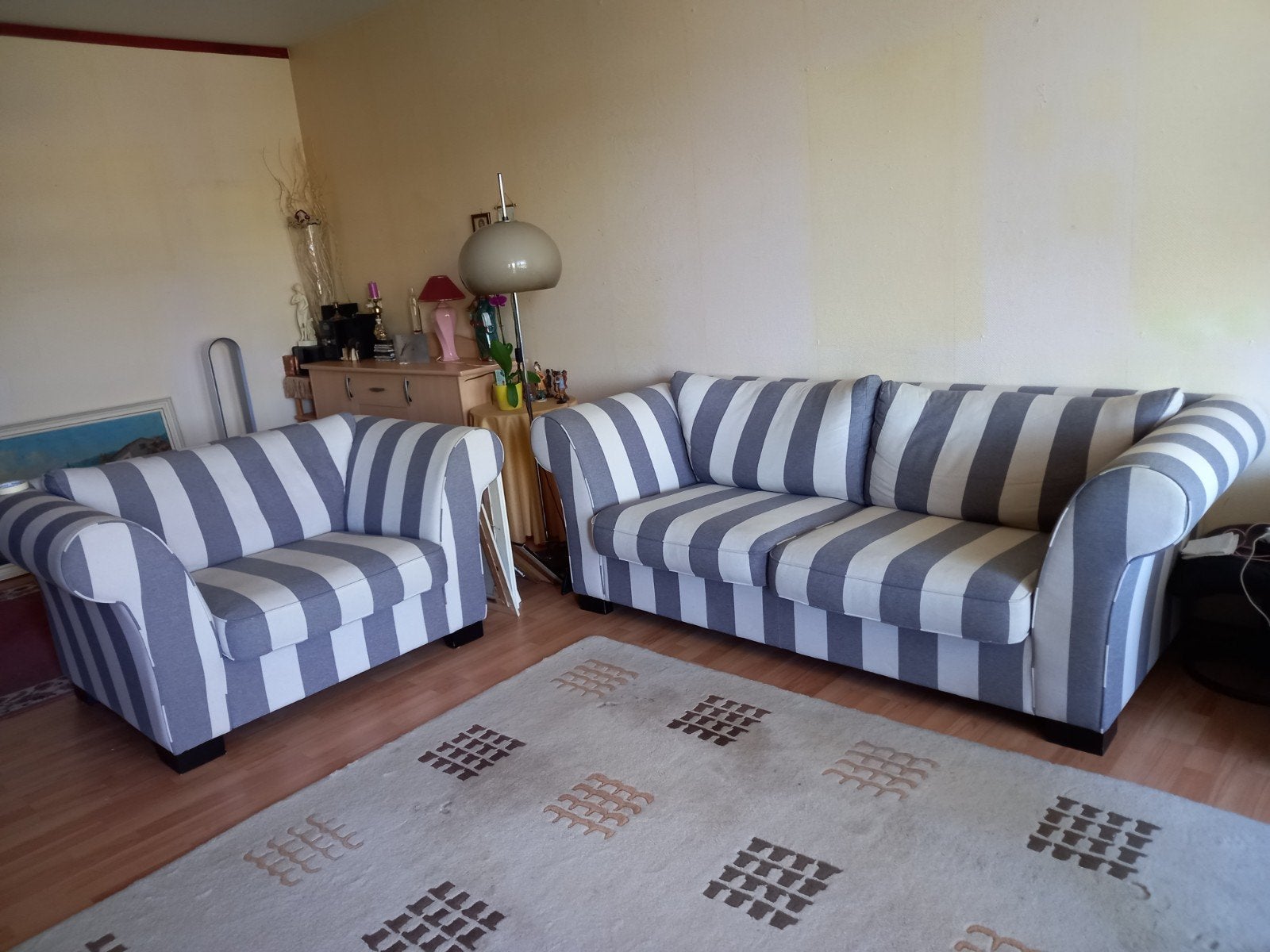 Grijs gestreepte 3 zits en xxl fauteuil, Ophalen, Gebruikt