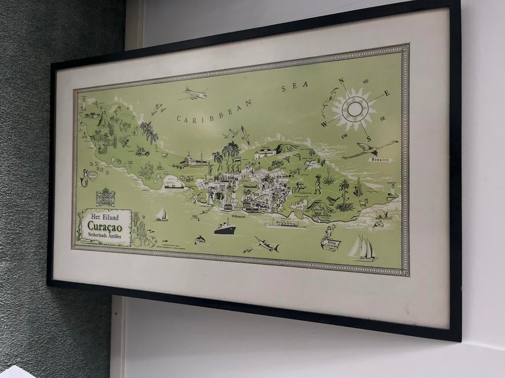 Vintage Curacao kaart tekening in lijst - 77x47cm, Antiek en Kunst, Ophalen
