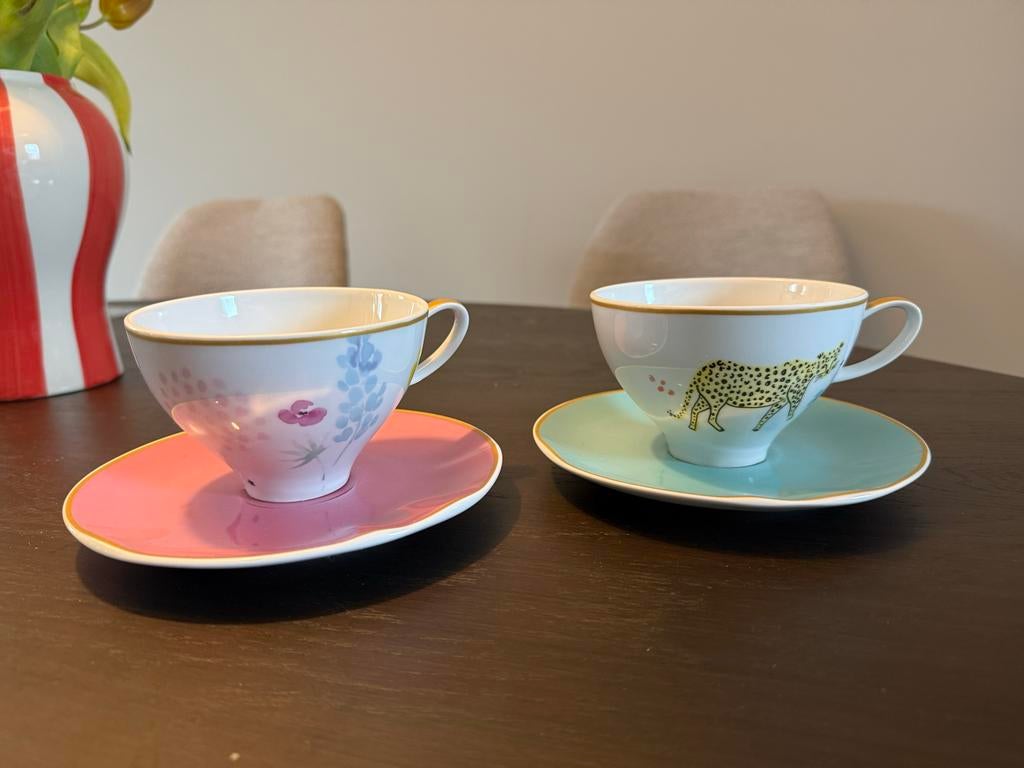 2x Kop en Schotel - Leuk voor een high tea, Antiek en Kunst, Antiek | Servies los, Ophalen of Verzenden