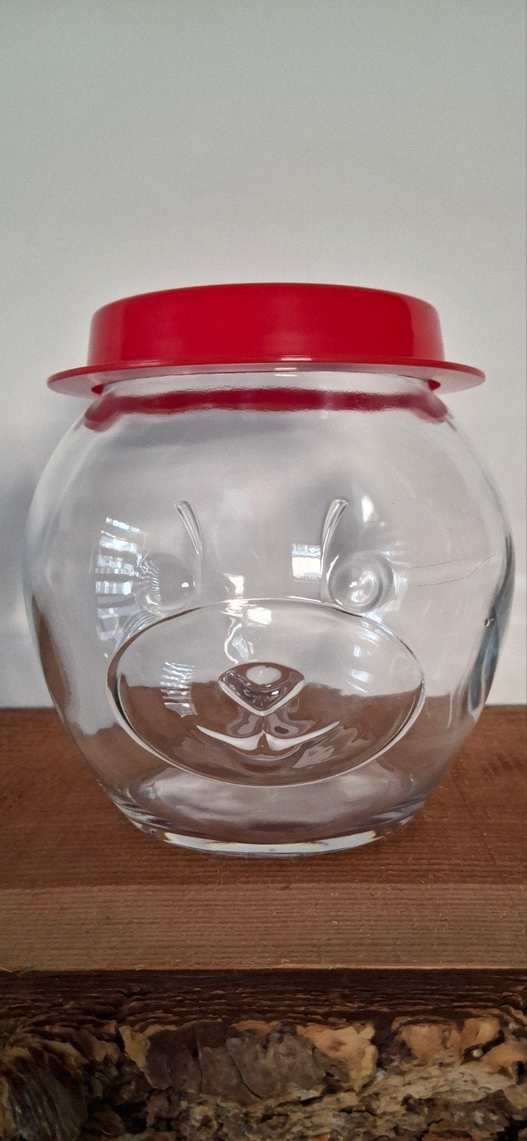 Vintage Pasabahce glazen beren pot met rode deksel, Vintage, Gebruikt, Meerkleurig, Ophalen of Verzenden