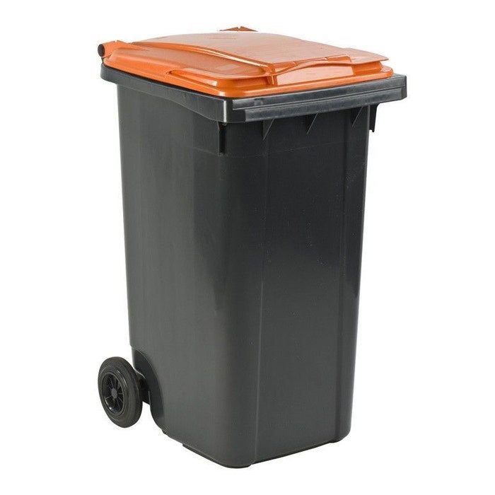 Grijze afvalcontainer met oranje deksel, Ophalen, Kunststof, Nieuw, 40 liter of meer