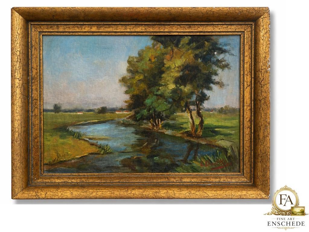 Landschap met rivier en bomen - Olieverf op doek, Ophalen of Verzenden