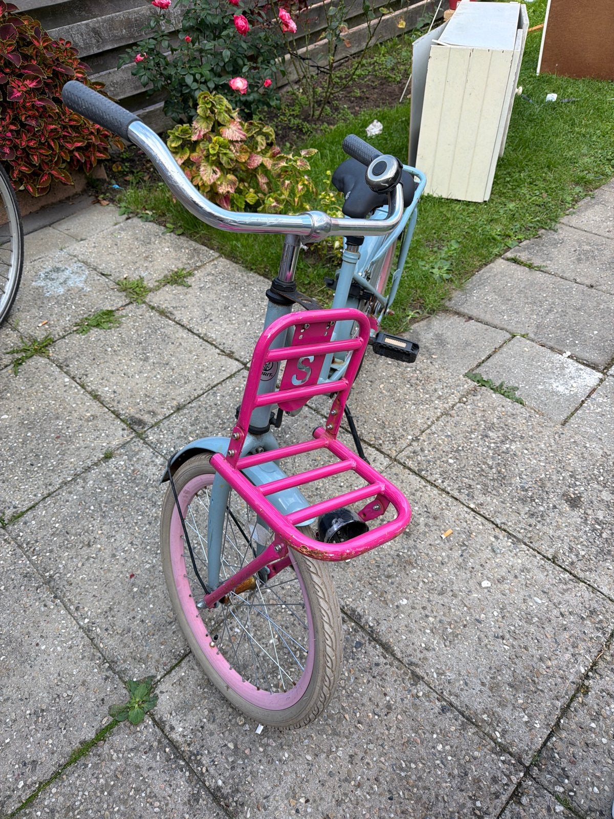 Spirit kinderfiets 20 inch met voordrager - Grijs/Roze, Ophalen, Gebruikt, Terugtraprem, 20 inch of meer