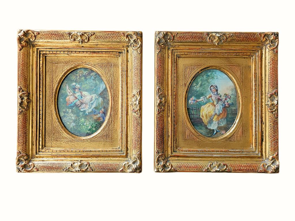 2 antieke schilderijen gesigneerd orig. lijsten, 19e eeuw, Ophalen of Verzenden