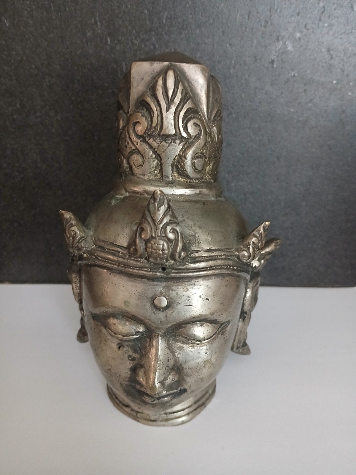 Zilverkleurig messing boedha hoofd., Antiek en Kunst, Ophalen of Verzenden