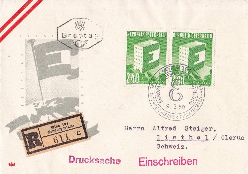 Europa/CEPT - FDC 1959 – Oostenrijk, Postzegels en Munten, Ophalen of Verzenden, Beschreven, Europa