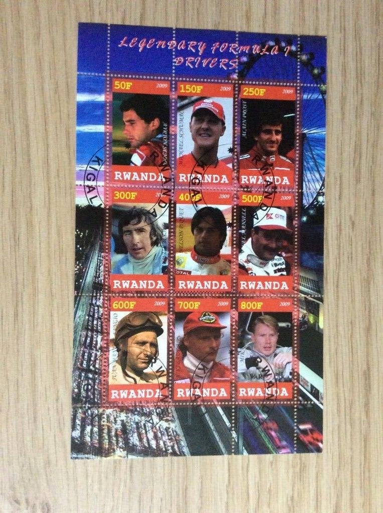 Blok uit Rwanda uit 2009 Thema Formule 1 rijders, Postzegels en Munten, Ophalen of Verzenden, Gestempeld, Overige thema's