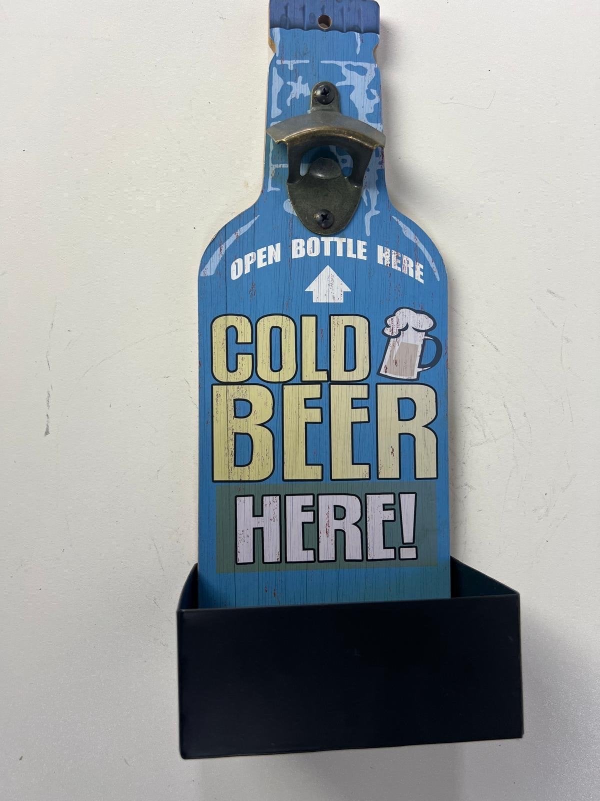 Nieuwe wandopener met opvangbakje - Cold Beer Here!, Hout, Blauw, Overige stijlen, Nieuw