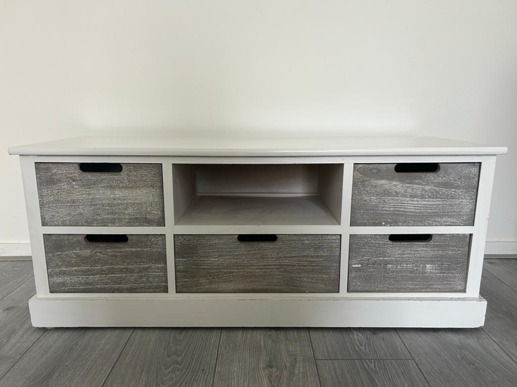 TV-meubel met lades - Wit/Grijs, Ophalen, Gebruikt, 100 tot 150 cm, Minder dan 100 cm