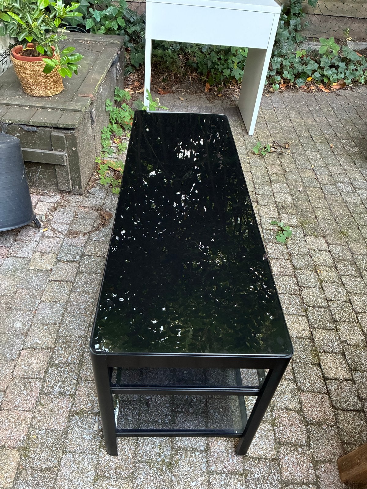 Zwart glazen tv-meubel / salontafel, Ophalen, Gebruikt, 100 tot 150 cm, Glas