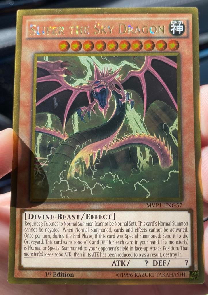 Yu-Gi-Oh! Slifer the Sky Dragon MVP1 1st Edition !, Ophalen of Verzenden, Gebruikt, Losse kaart, Foil