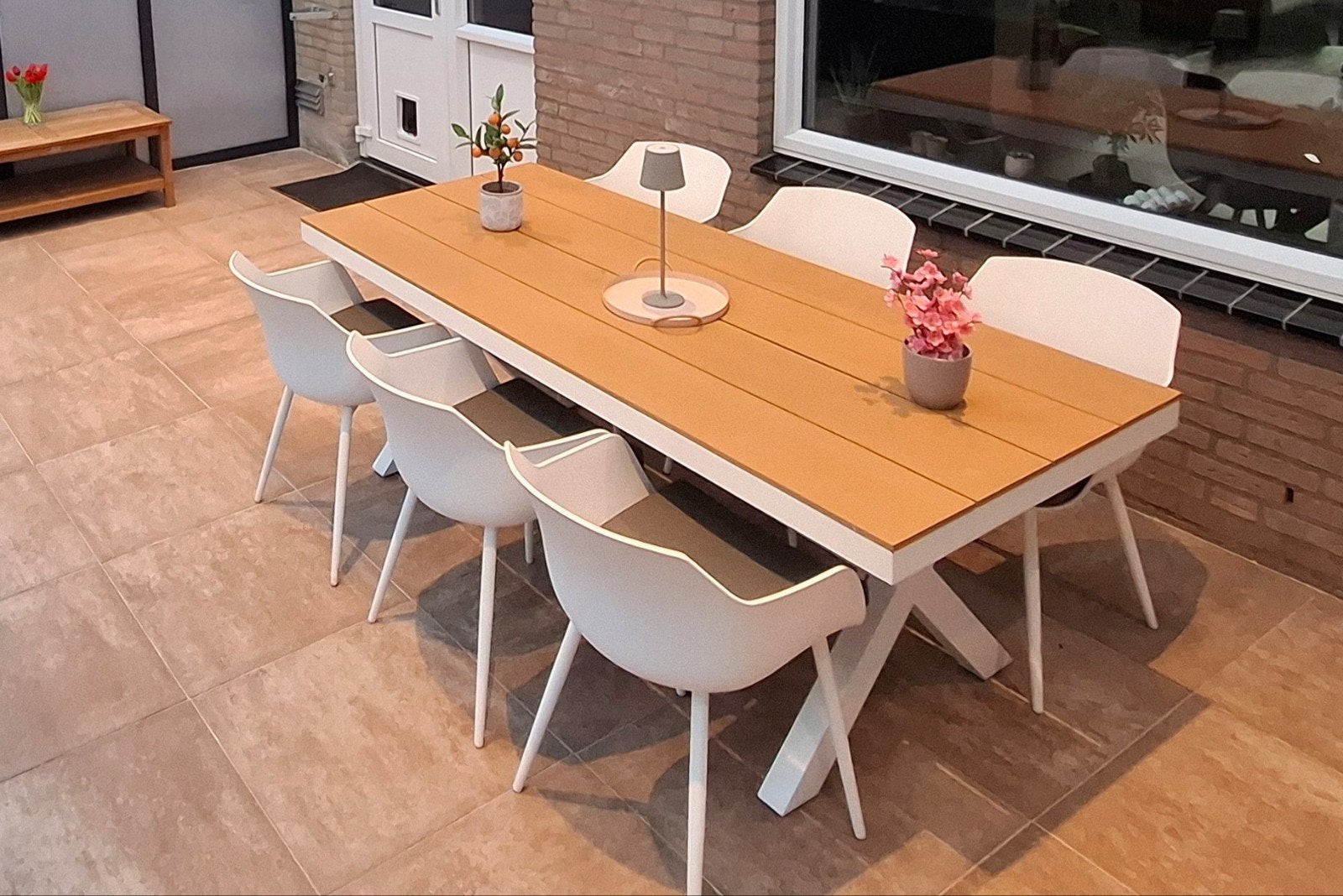 Tuintafel met 6 stoelen en zitkussens 200cm, Ophalen, Gebruikt, 6 zitplaatsen, Aluminium