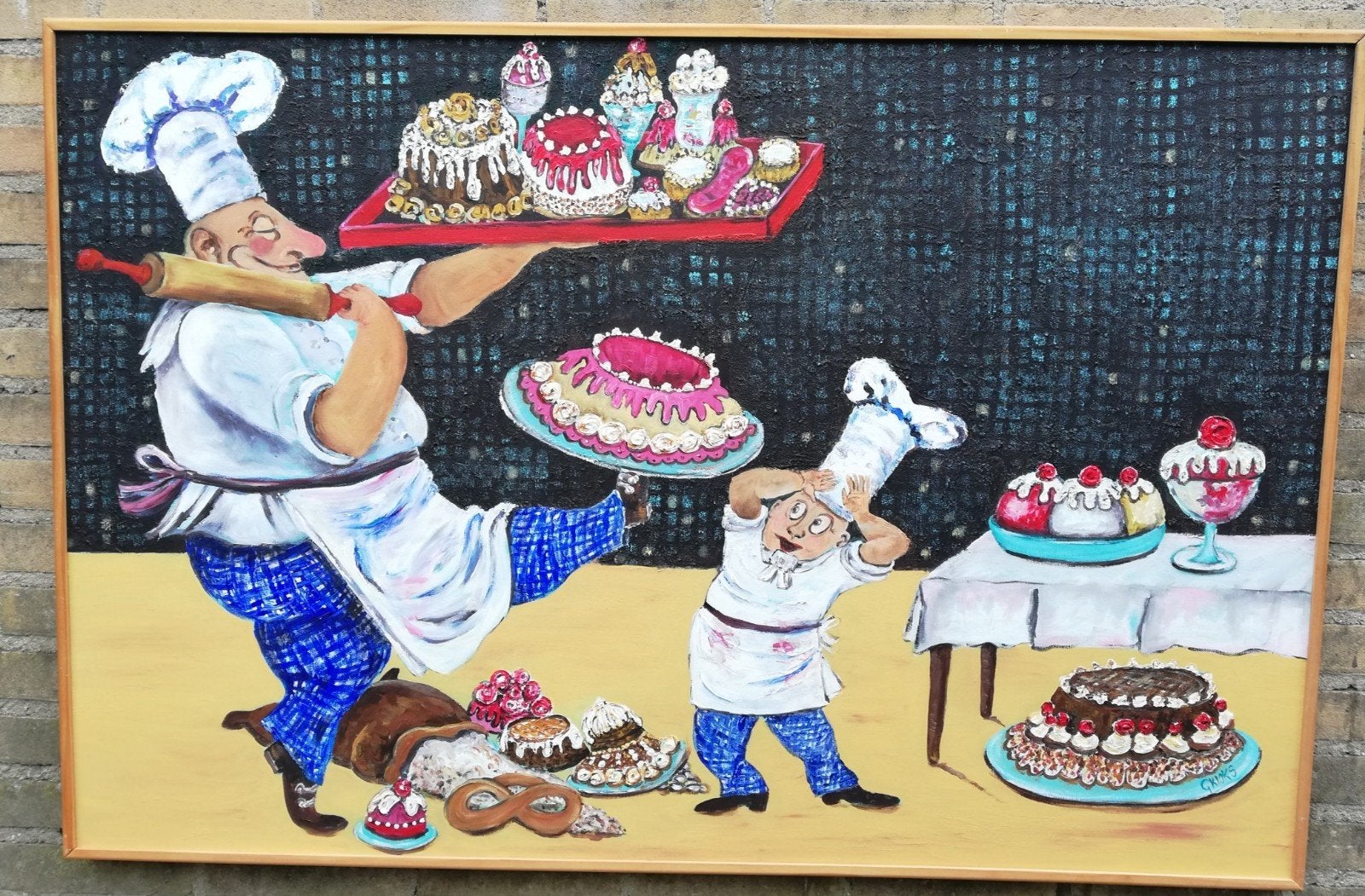 Een kijkje bij de taarten bakker. Sign. Acry/doek. 121/81 c., Ophalen, Acrylverf, Overig onderwerp, Ingelijst