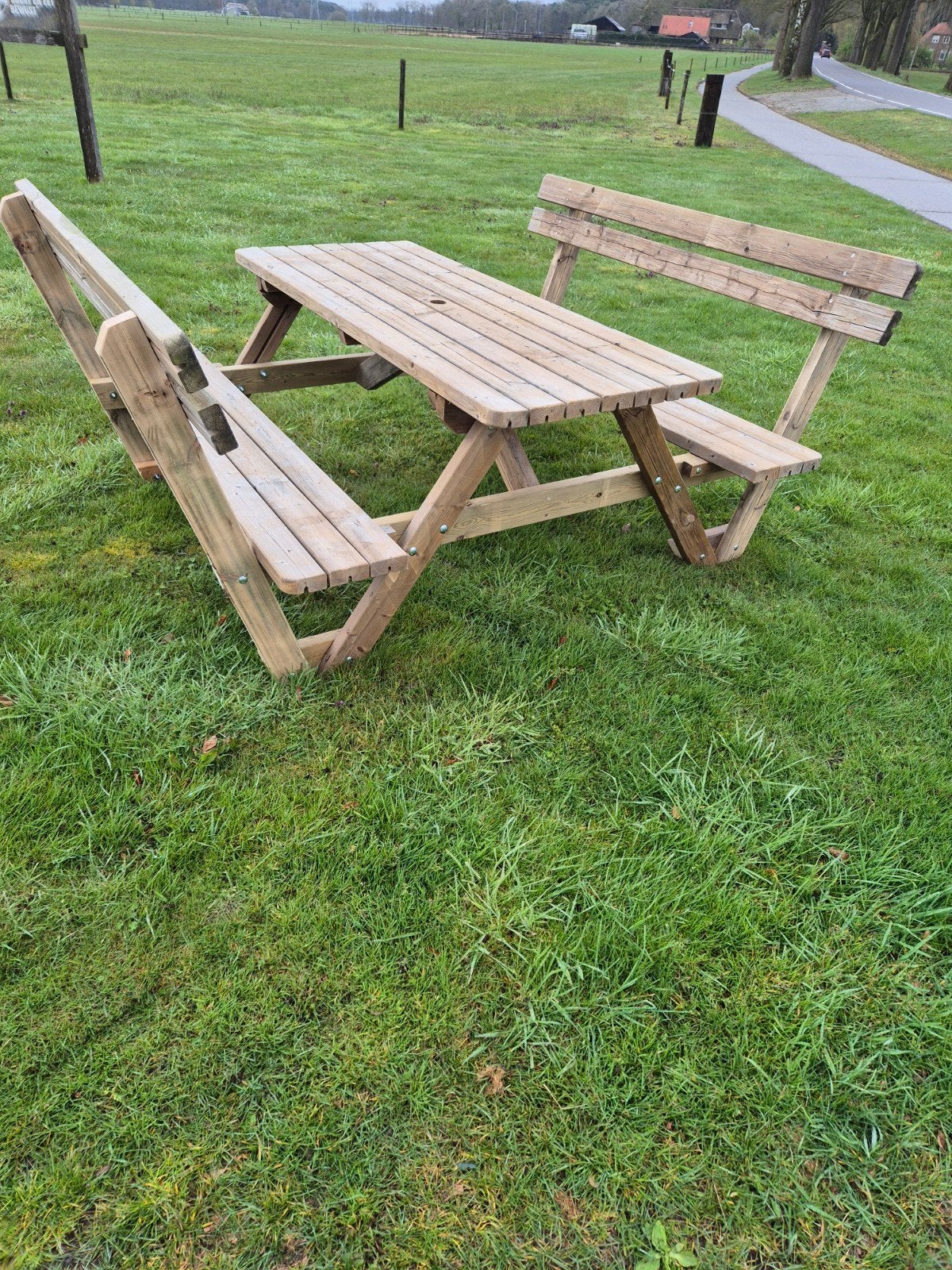 Picknicktafel met rugleuning en opklapbare banken, Tuin en Terras, Picknicktafels, Ophalen, Gebruikt, Inklapbaar, Rechthoekig