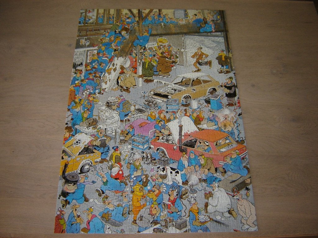 Puzzel Jan van Haasteren AAN DE LOPENDE BAND 1500 st., Ophalen of Verzenden, 500 t/m 1500 stukjes, Zo goed als nieuw, Legpuzzel