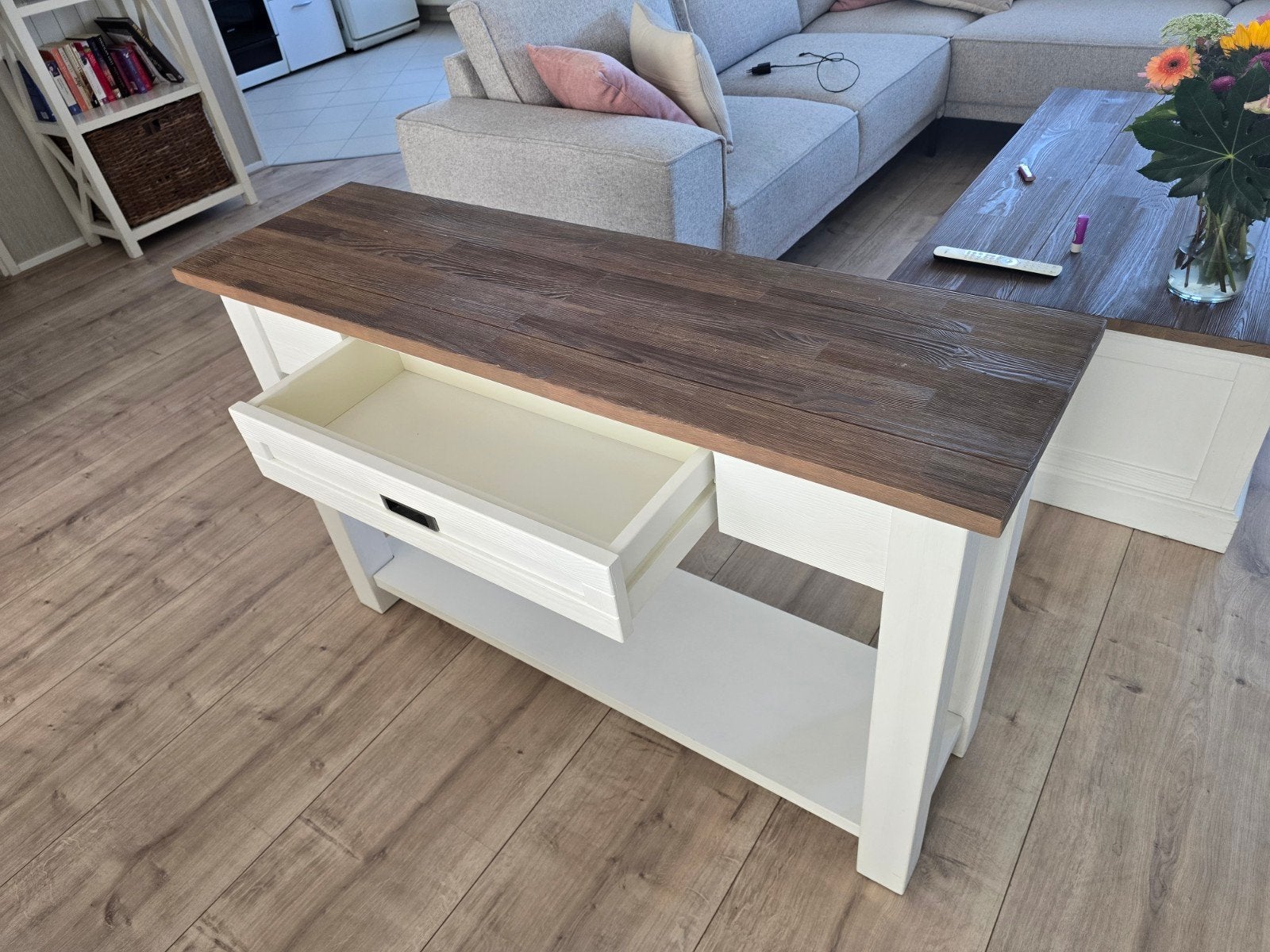 Mooi sidetable met lade en plank - 120x35x75 cm, Ophalen, 100 tot 150 cm, Zo goed als nieuw, 25 tot 50 cm
