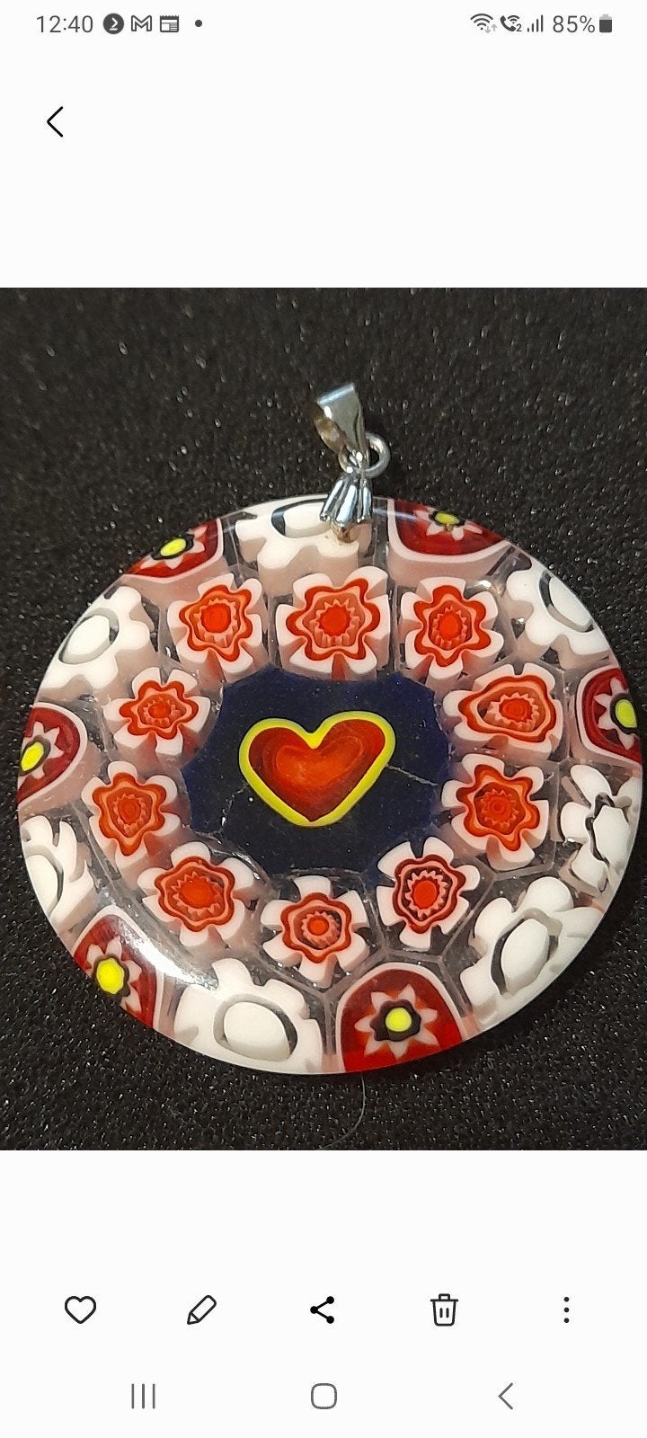 Kleurrijke Murano Glas Hanger met Millefiori Patroon, Gebruikt, Overige kleuren, Hart, Glas of Kristal