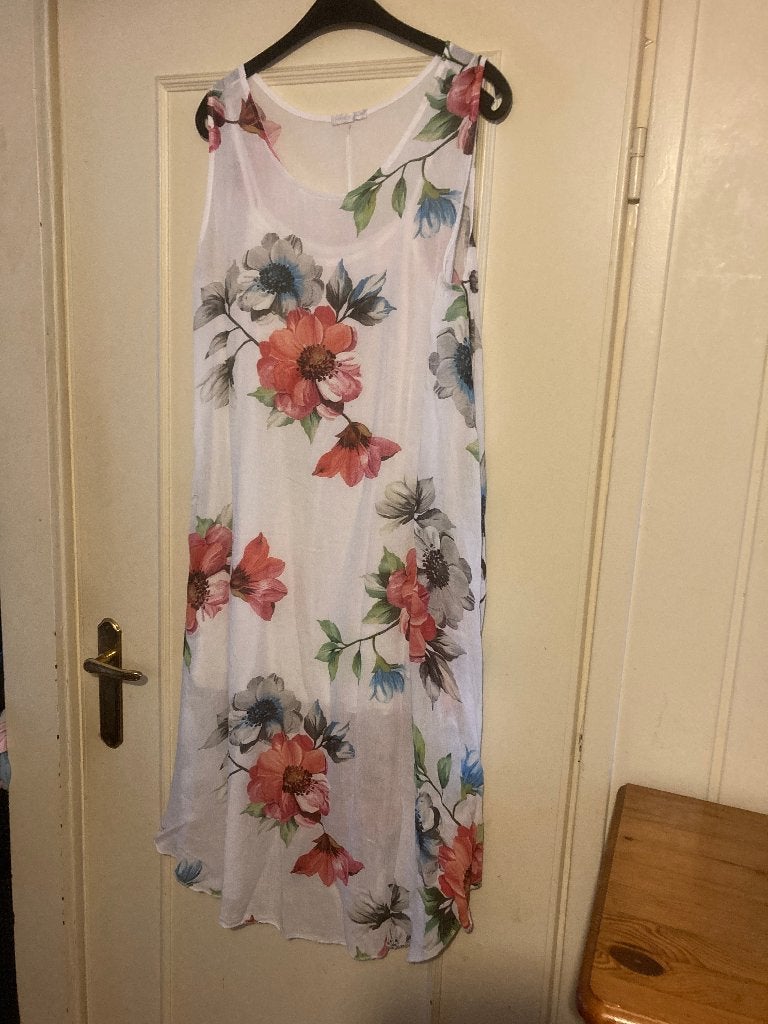 Aparte wijde witte linnen gebloemde jurk Made In Italy, mt L, Made in Italy, Verzenden, Wit, Maat 42/44 (L)