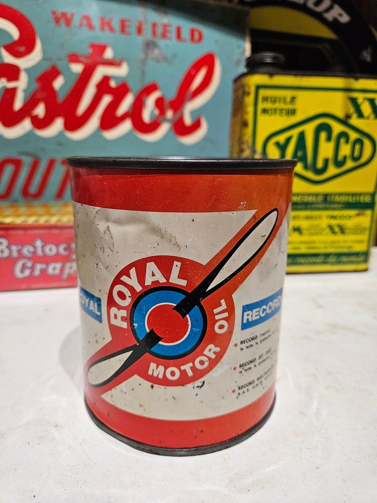 Vintage Royal Motor Oil Rekord olieblik, Ophalen of Verzenden, Gebruikt, Reclamebord