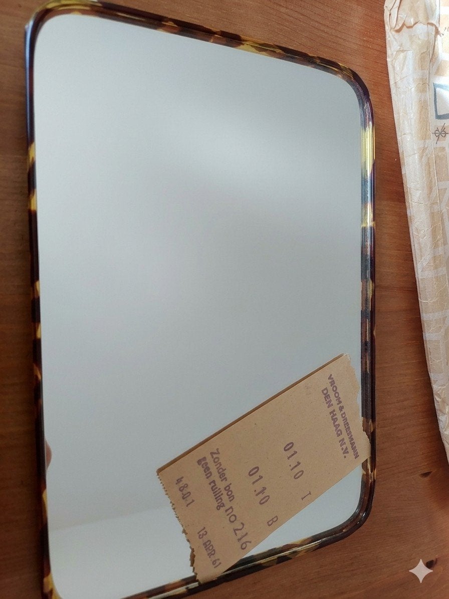 Vintage V&D spiegel 1961 - inclusief bon & verpakking!, Ophalen, Rechthoekig, Minder dan 50 cm, Minder dan 100 cm