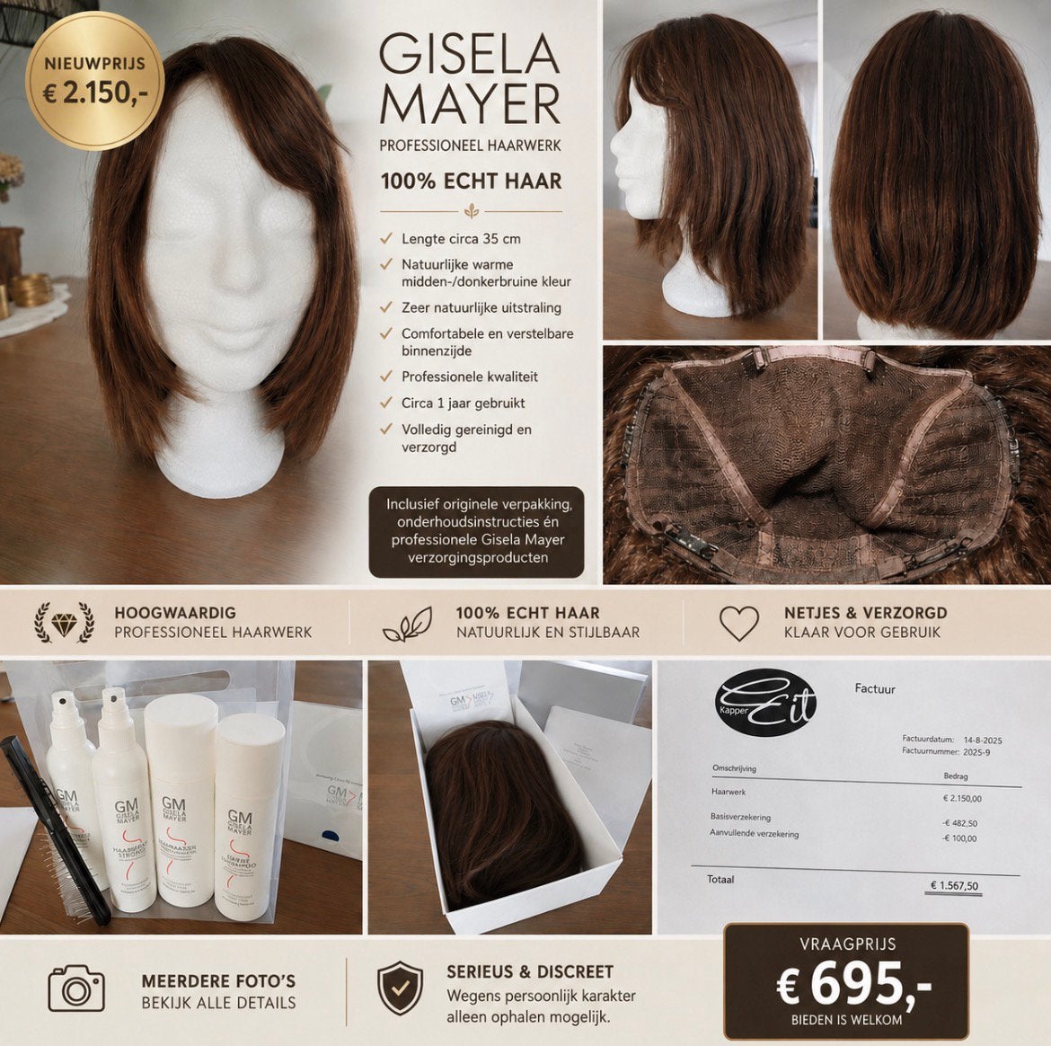 Professioneel Gisela Mayer haarwerk-100% echt haar–35 cm, Ophalen, Zo goed als nieuw, Pruik of Haarverlenging