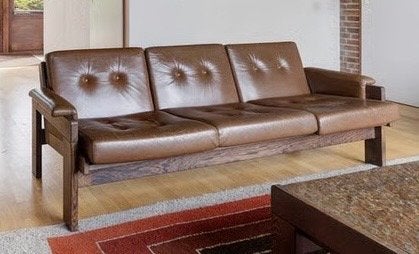 Vintage Leren Driepersoonsbank met 3 losse stoelen - Bruin, Ophalen, Strak mid-century, Gebruikt, 75 tot 100 cm