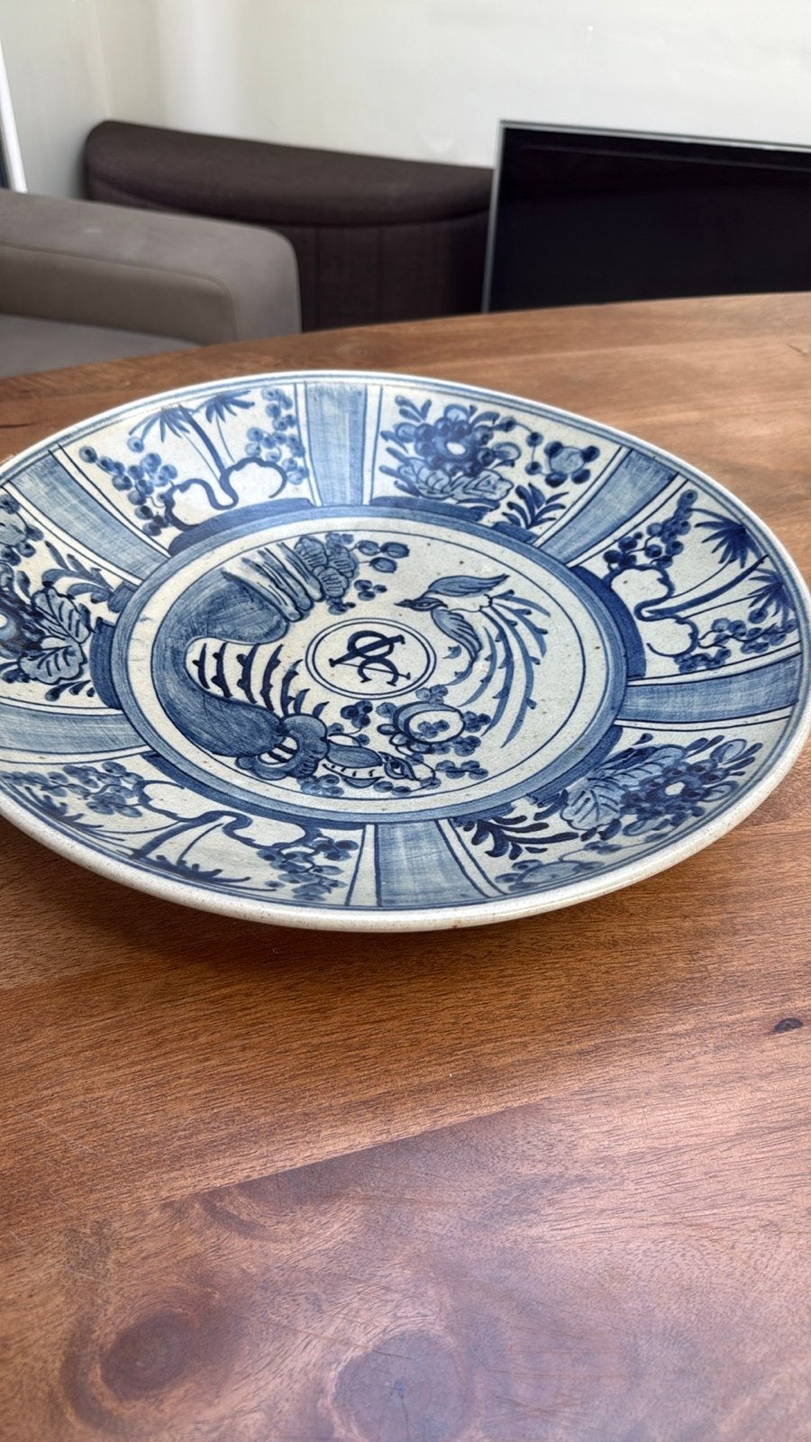 Antiek Chinees porseleinen bord met blauw-wit decor, Ophalen