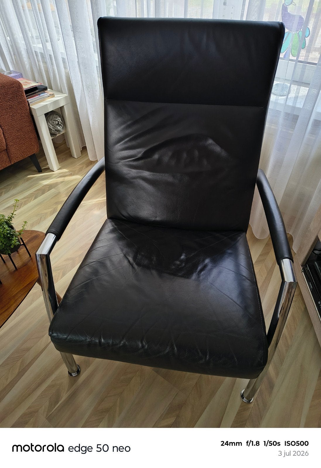 Leolux Heren Fauteuil - Zwart Leer met Chromen Frame, Huis en Inrichting, Gebruikt, 75 tot 100 cm, Ophalen of Verzenden, 75 tot 100 cm