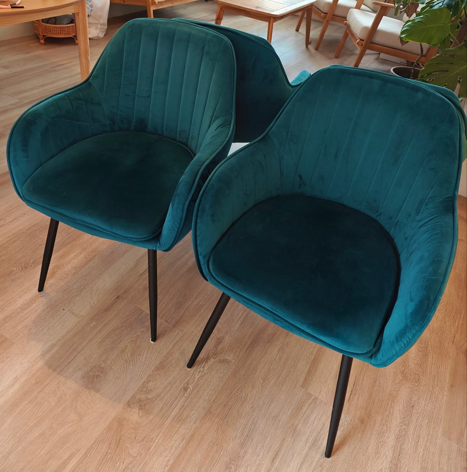 Set van 4 velvet eetkamerstoelen - Groen/Blauw, Ophalen, Overige kleuren, Modern, Elegant, Zo goed als nieuw