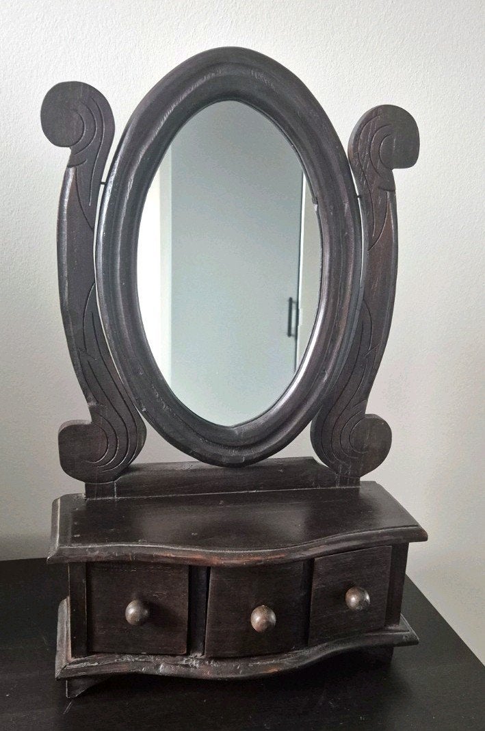 Houten kaptafeltje met spiegel en 3 lades, vintage stijl, Ophalen, Minder dan 50 cm, Gebruikt, Minder dan 100 cm